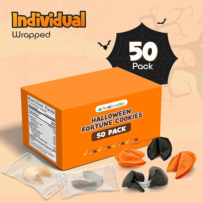 4E's Novelty Halloween Fortune Cookies Bulk - 50 Individually Wrapped with 50 Funny & Scary Fortune Cookies Sayings for Kids & Adults, Trick-or-Treat Perfect for Halloween Party