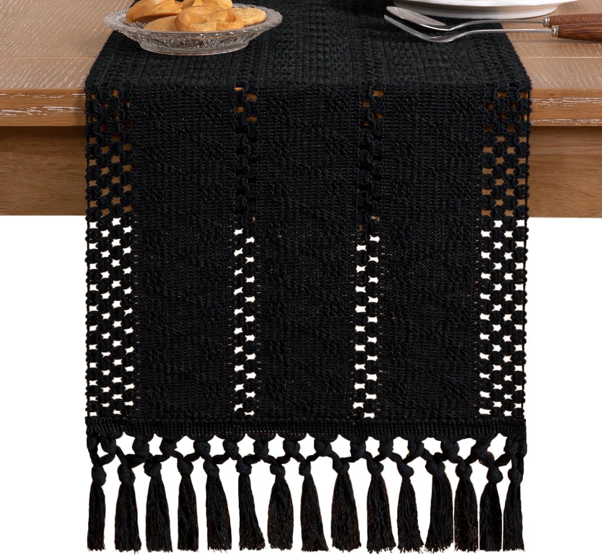 Socomi Boho Table Runner Fall Thanksgiving Farmhouse Rustic Dining Kitchen Centerpiece Decor Small Macrame Woven Cotton Linen Coffee Table Runner for Dresser Scarf Home Decor 12x48 inch Black