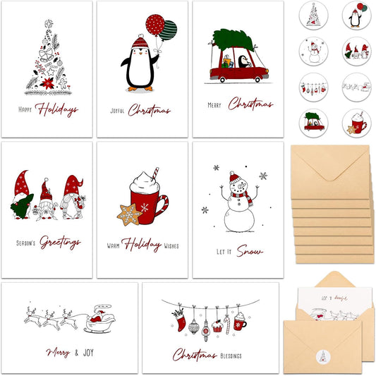 Christmas Cards with Envelopes, 24 Pack Merry Christmas Cards with Stickers, 8 Assorted Designs 4x6 Inch Happy Holidays Card New Year Greeting Card for Family, Friends, Boys & Girls