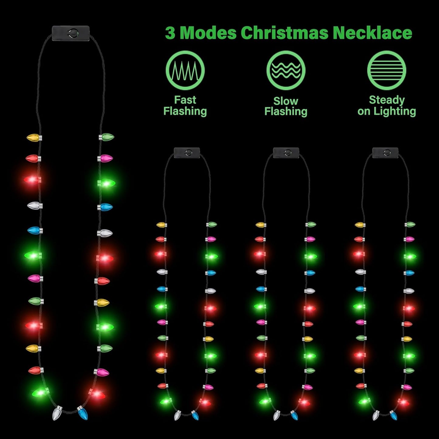 Light up Christmas Necklace, 4pcs Xmas Bulb Necklaces Accessories Bulk, Colorful Glow 3D Xmas Bulb Necklaces Decor, 3 Modes Light Necklace Decor for Ugly Sweater New Year Family Party Supplies