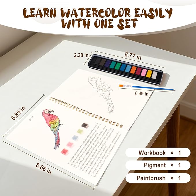 Kivzex Watercolor Workbook for Adults, Beginner Friendly Watercolor Painting Kit Birds Water Coloring Book, Nature-Themed Practice Art Gift Water Color Paint Book with Palette and Brush