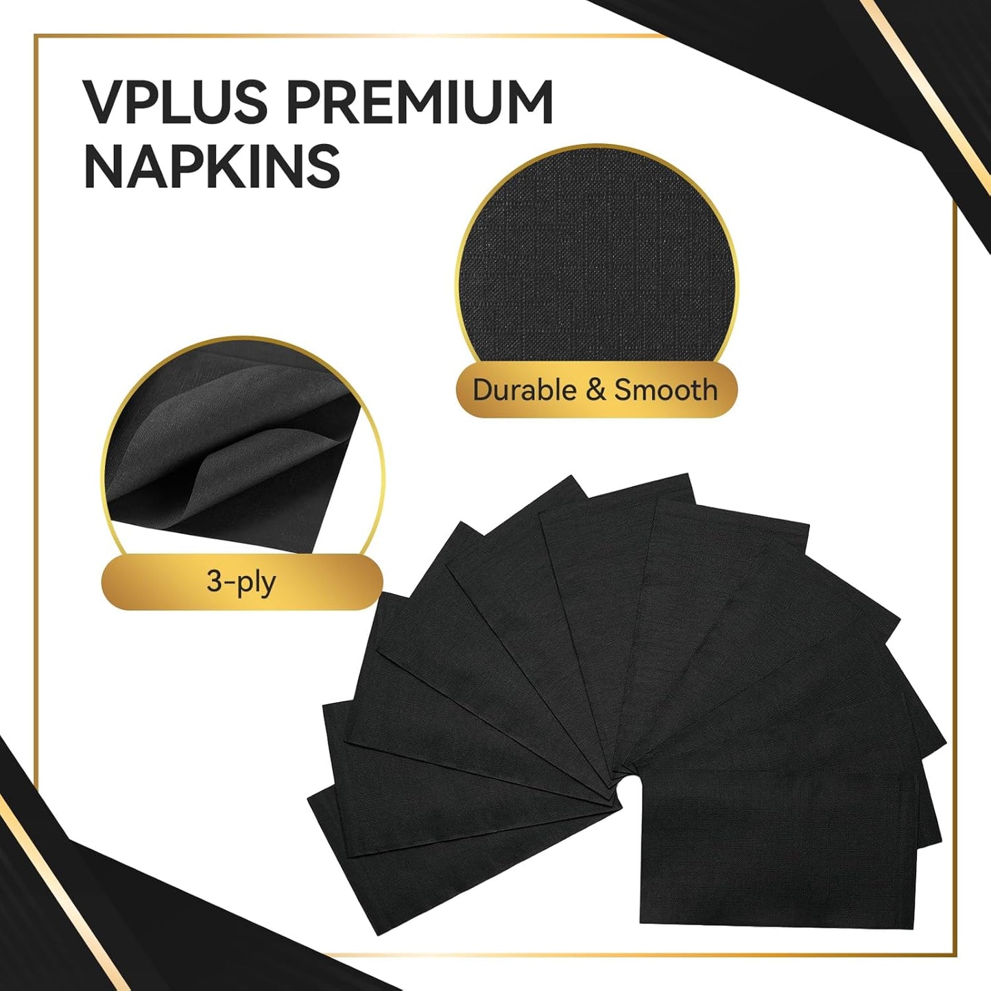 Vplus 200 Pack Black Paper Napkins, Premium Quality 3-Ply Disposable Napkins, Soft and Absorbent, Perfect for Dinner, Wedding, Graduation, Party
