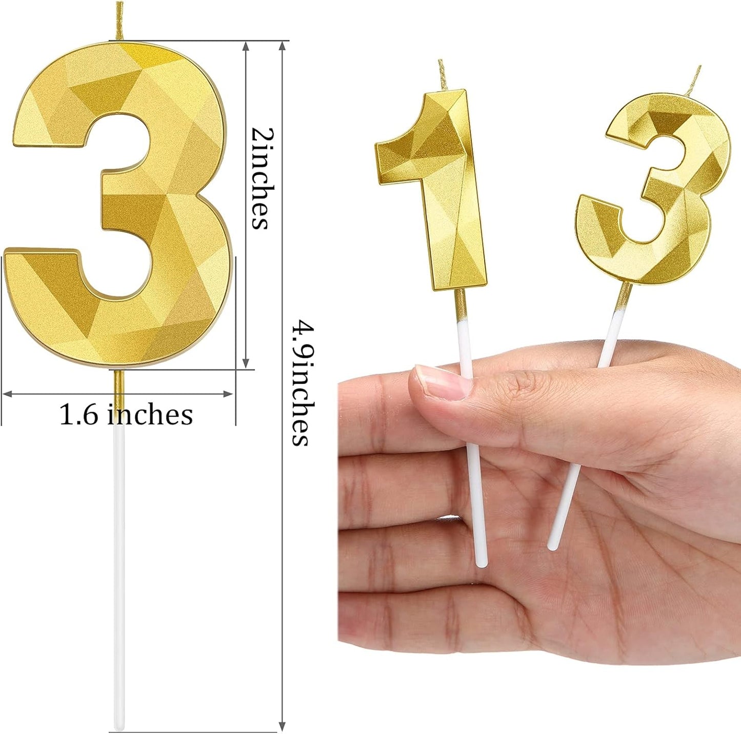 Nuanchu 13th Birthday Candles Gold Number 13 Candles Happy Birthday Cake Topper 3D Diamond Shape Numeral Candles Decoration for Boy Girl Women Birthday Wedding Reunions Theme Party Anniversary Favors