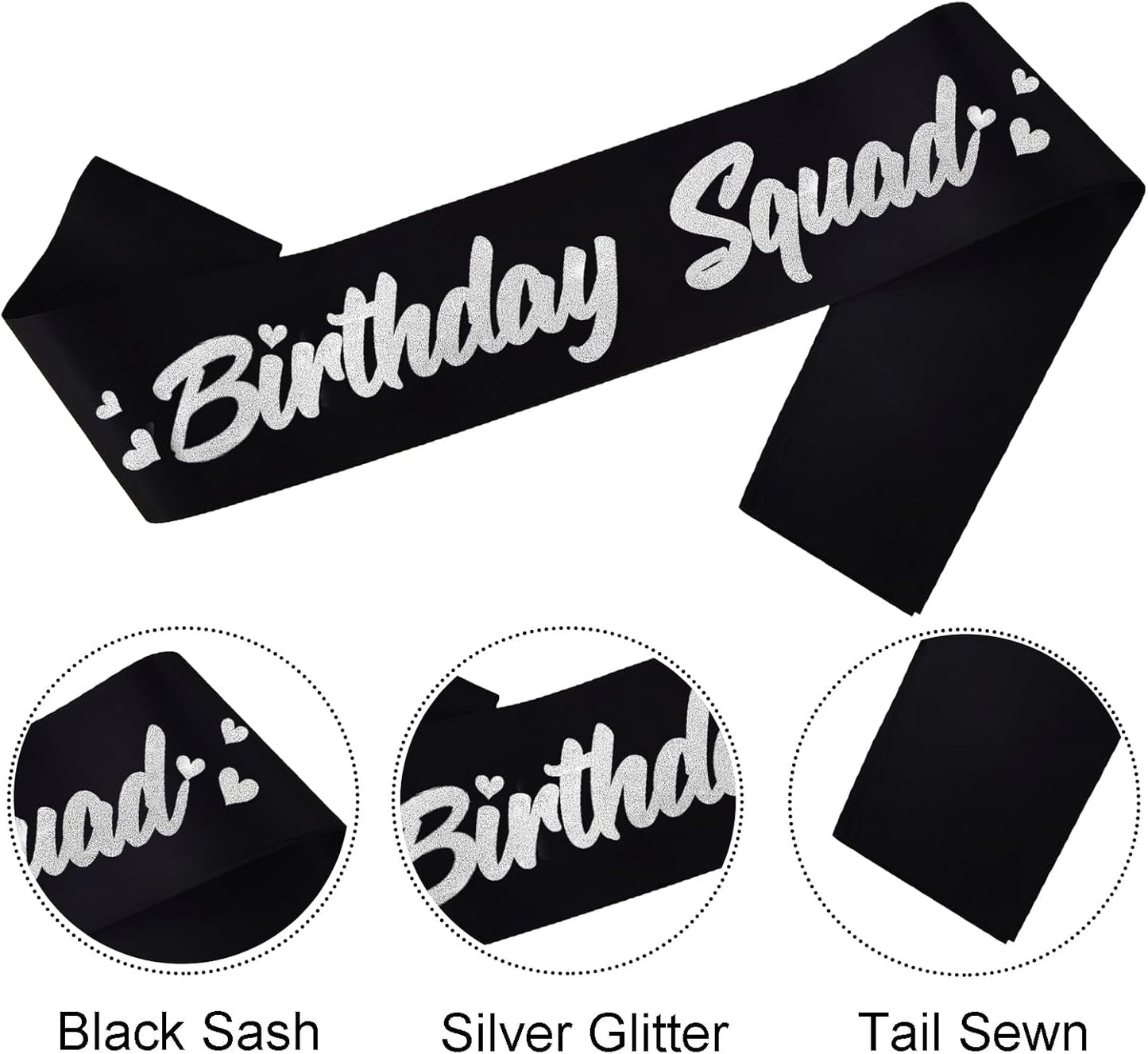 6 Pieces Birthday Squad Sash Set Black with Silver Glitter Lettering Birthday Sash for Women Funny Party Favors Decorations for Sweet 16 18th 21st 25th 30th 40th 50th or Other Bday