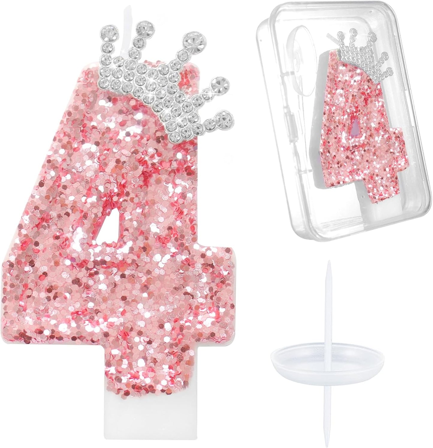 Ceya Number 4 Birthday Candles,Pink Crown Candle for Cake, Sparkling Number Glitter Candle 3.14inch Cake Topper,4st Birthday Decorations for Girl Women Reunions Anniversary Party Supplies