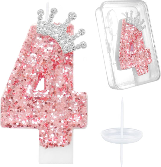 Ceya Number 4 Birthday Candles,Pink Crown Candle for Cake, Sparkling Number Glitter Candle 3.14inch Cake Topper,4st Birthday Decorations for Girl Women Reunions Anniversary Party Supplies