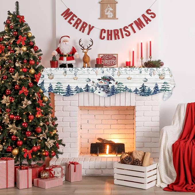 Blue Snowman Christmas Fireplace Mantel Scarf Table Runner, Xmas Snowflake Eucalyptus Leaves Wooden Winter Garland Mantel Top Tablerunners Dresser Scarves Cover for Windows Party Living Room 70''x17''