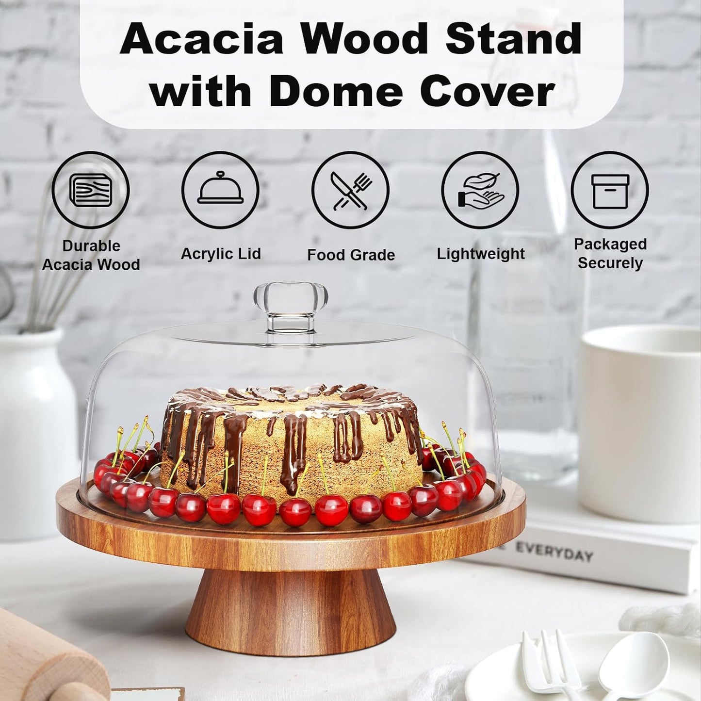 Acacia Wood Cake Stand with Lid - 12in Round Cake Holder, 2-in-1 Dessert Table Display Set & Charcuterie Board for Cheese, Chips & Dips, Nachos, Fruit Platter, Large Acrylic Cake Dome Cover