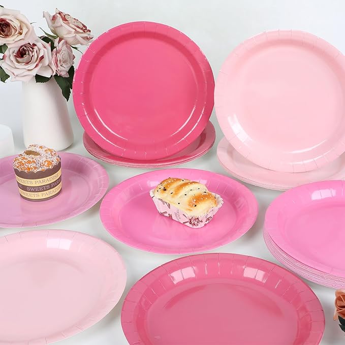 100Pcs Valentines Day Pink Paper Plates 9 Inch Gradient Pink Color Plates Disposable Round Dessert Plates Solid Color Plates Tableware Decorations for Girl Birthday Wedding Baby Shower Party Supplies