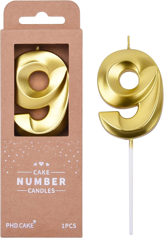 PHD CAKE 2.76 Inch Diamond Gold 9 Number Birthday Candles, Gold Number Candles, Cake Number Candles, Party Celebration