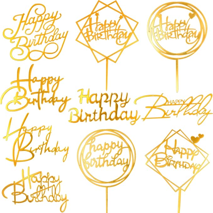 10PCS Gold Happy Birthday Cake Toppers Acrylic Glitter Birthday Cupcake Toppers for DIY Cake Sign Decorations, Personalized Cake Toppers Birthday Party Supplies and Decor
