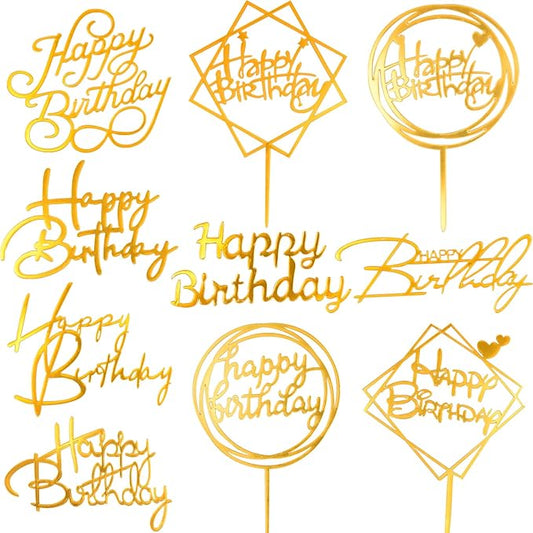 10PCS Gold Happy Birthday Cake Toppers Acrylic Glitter Birthday Cupcake Toppers for DIY Cake Sign Decorations, Personalized Cake Toppers Birthday Party Supplies and Decor