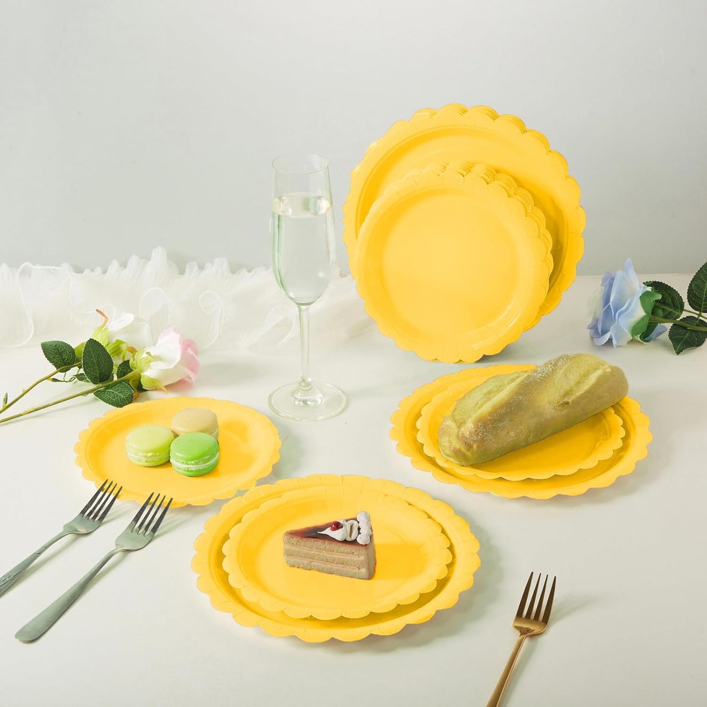 BEFORYOU 50PCS Scalloped Disposable Paper Plates Dessert Cake Party Plates for Baby Shower, Wedding,Bridal Shower Birthday Party Supplies (Yellow, 7IN and 9IN)