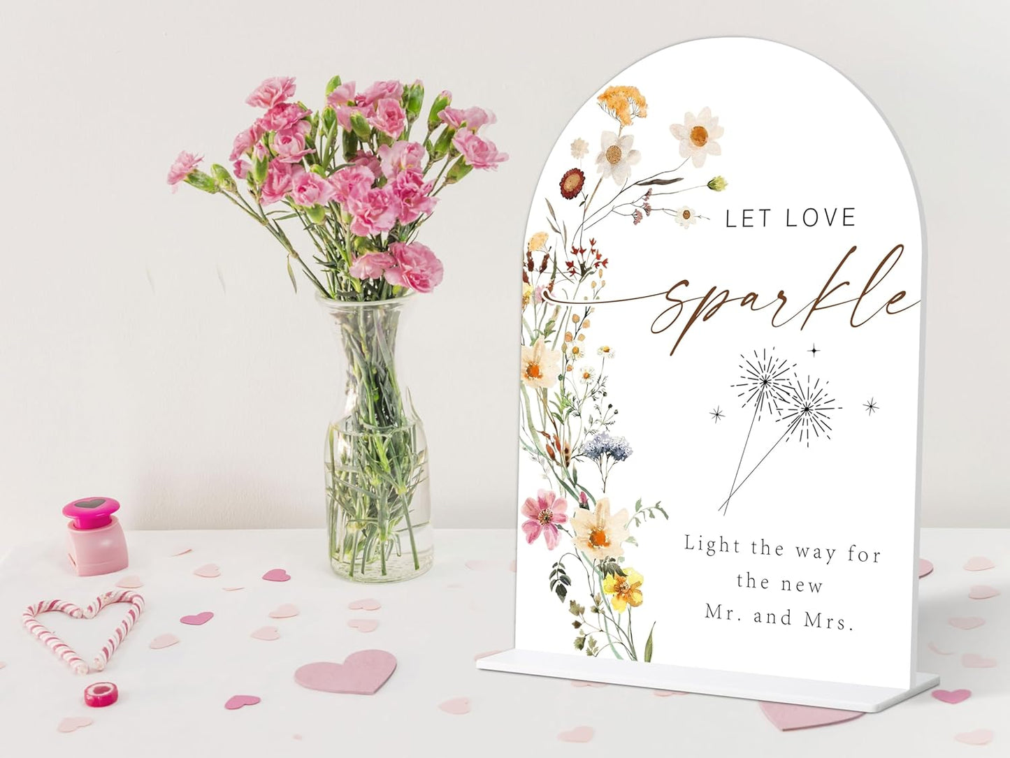 Let Love Sparkle Sign, Flower Style Sparkler Send Off Sign for Wedding Reception and Bridal Shower, Engagement, Bridal Shower Decor, Wedding Shower Favors, 6X8 Inch Acrylic Arch Sign with Stand,19