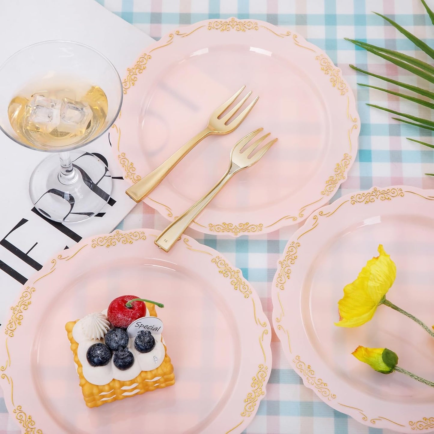 LIYH 100 Pcs Pink Gold Dessert Plates - 100 Pcs Gold Plastic Forks,Cake Plates Disposable with Forks, Appetizer Plates, Bridal Shower Party Plates for Birthday Wedding Party
