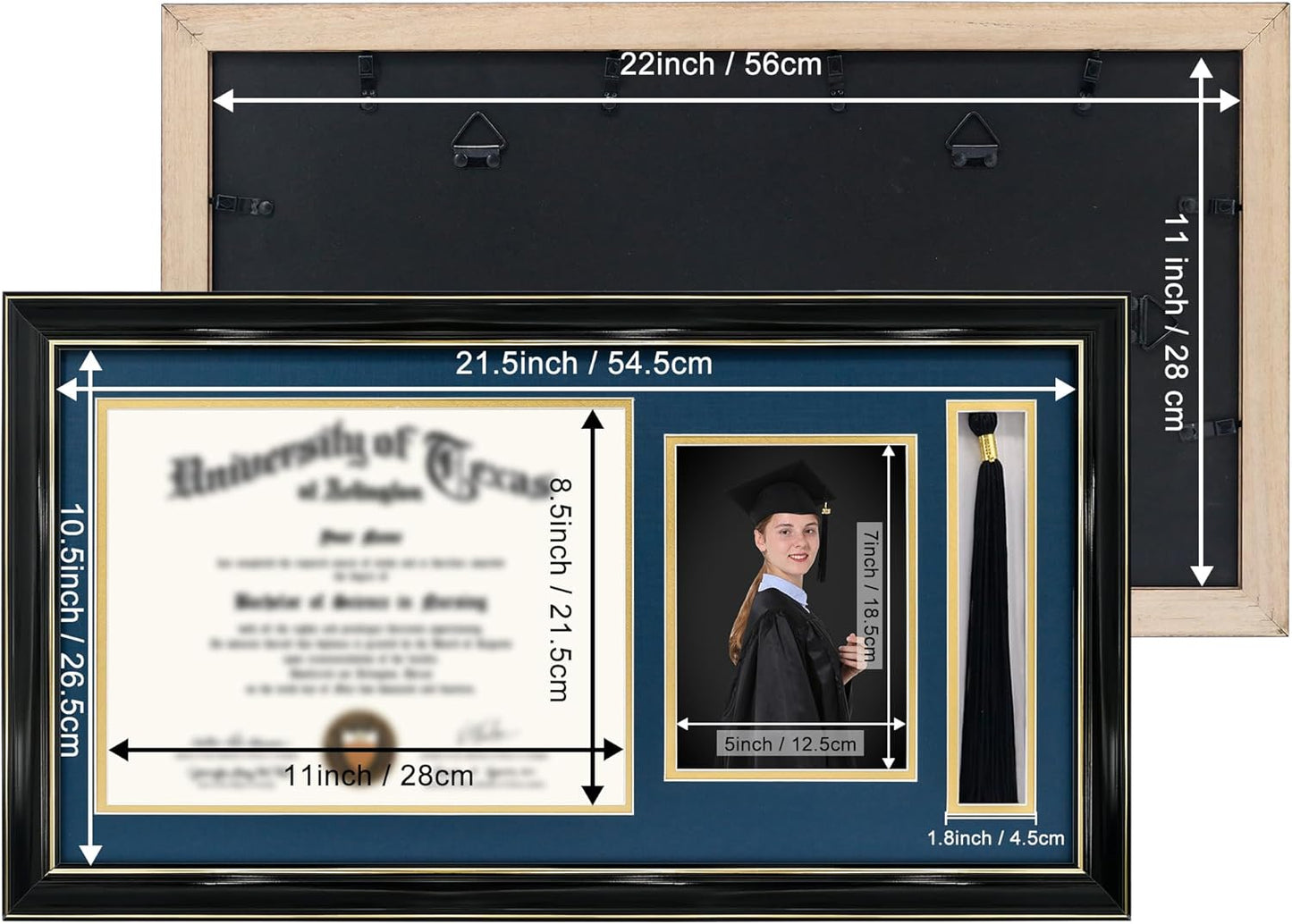 GraduationMall 11x22 Black Diploma Frame with Tassel Holder and Picture for 8.5x11 Certificate 5x7 Photo,Tempered Glass,Navy over Gold Mat