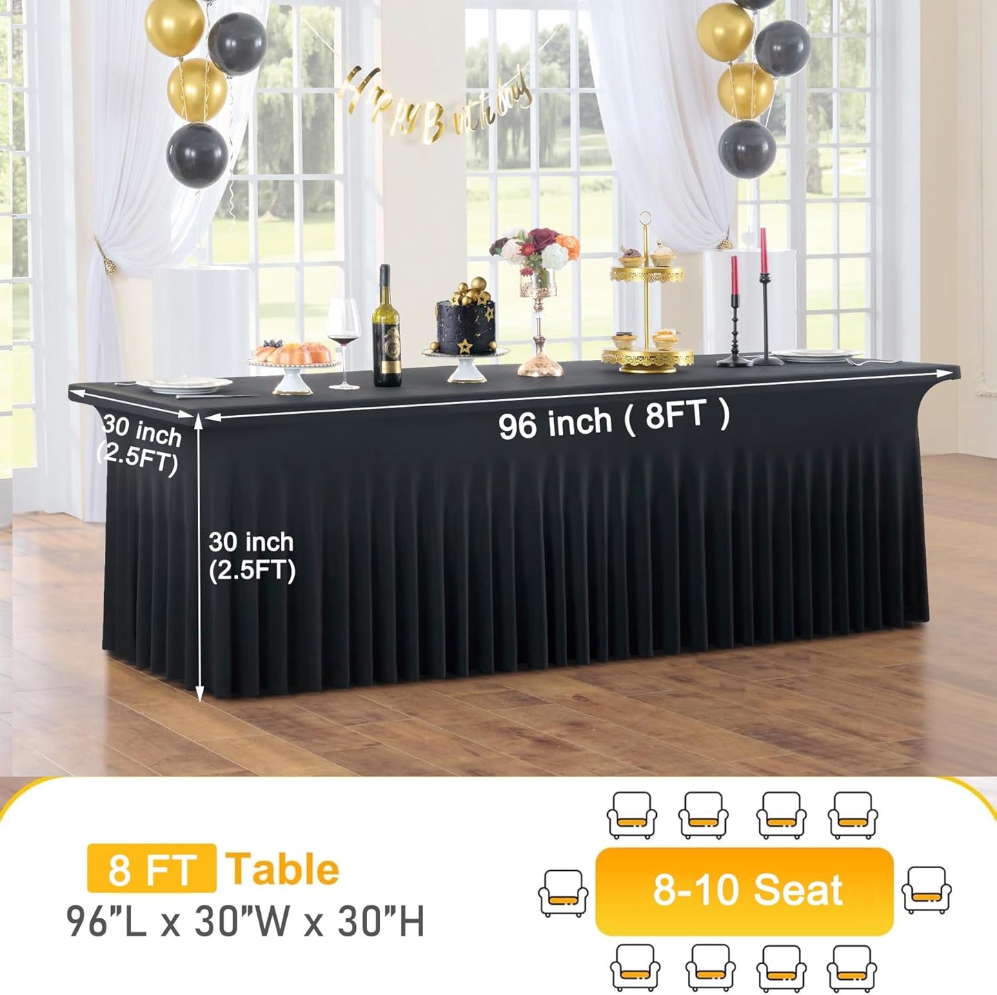 8pk Black Spandex Tablecloths for 8ft Rectangle Tables, Wrinkle Free Wavy Table Skirt Stretchy 8 Foot Fitted Table Cloth Covers for Weddings Birthday Halloween Party Events Banqute Baby Shower