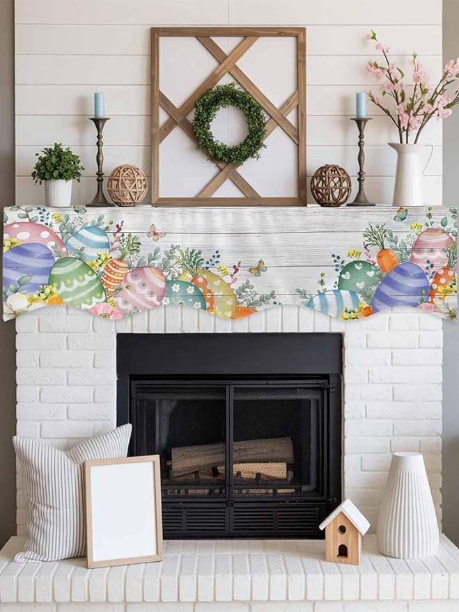 Easter Eggs Fireplace Mantel Scarf Table Runner, Spring Flowers Eucalyptus Leaves Wooden Grain Winter Garland Mantel Top Tablerunners Dresser Scarves Cover for Windows Party Living Room 60''x17''