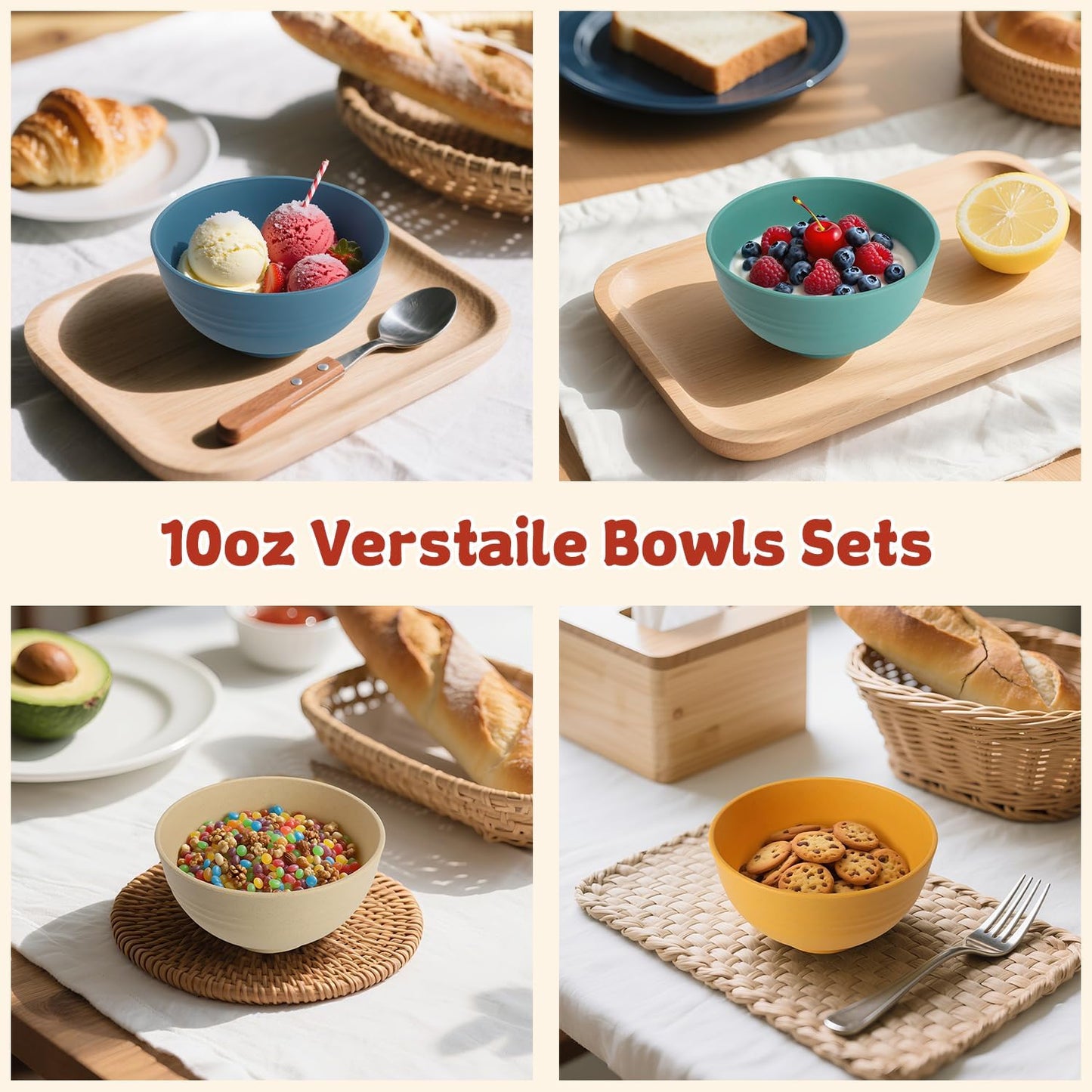 Wrova Handy Wheat Straw Bowls Set of 6,Unbreakable Ice-Cream Bowls Sets for Kids,10oz Small Dessert Bowls for Kitchen,Camping and RV.Vibrant Series