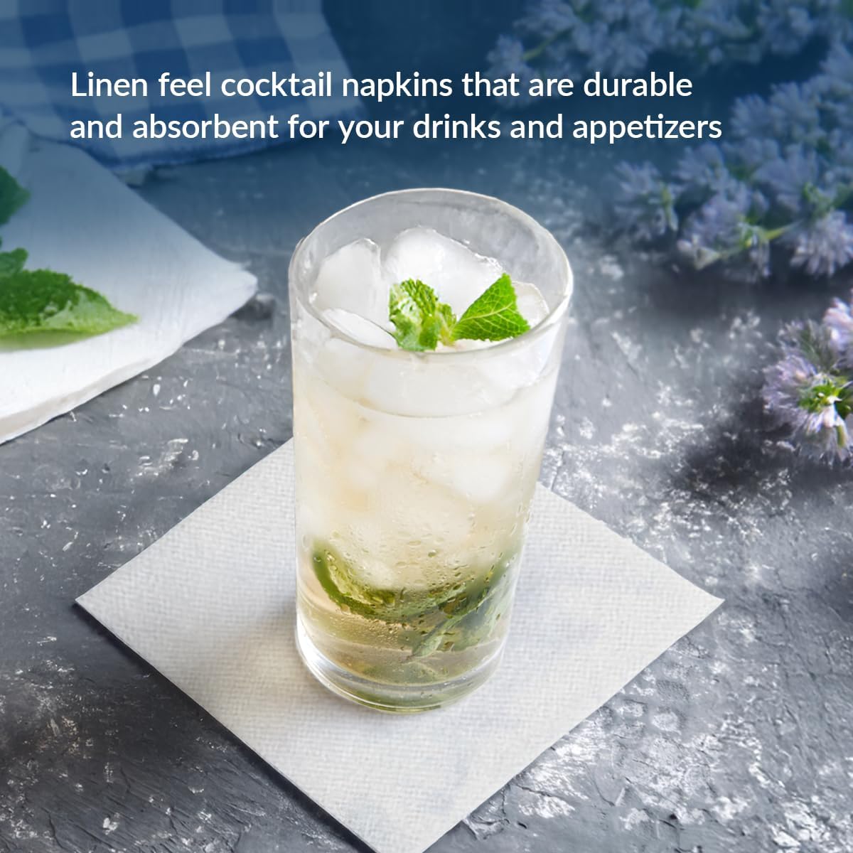PAW - 100-Pack Disposable Linen-Feel Cocktail Napkins 4" x 4", White Premium Paper Desert Napkins for Parties, Events, Elegant Cloth-Like Beverage Napkins For Bars, Restaurants, Catereres