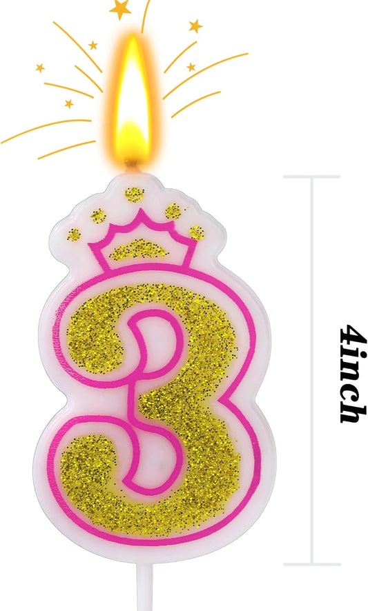 Birthday Number Candles, Number 3 Pink Giltter Candles for Cake, Candle Cake Topper with Sequins for Anniversary Celebrations Supplies (Number 3)