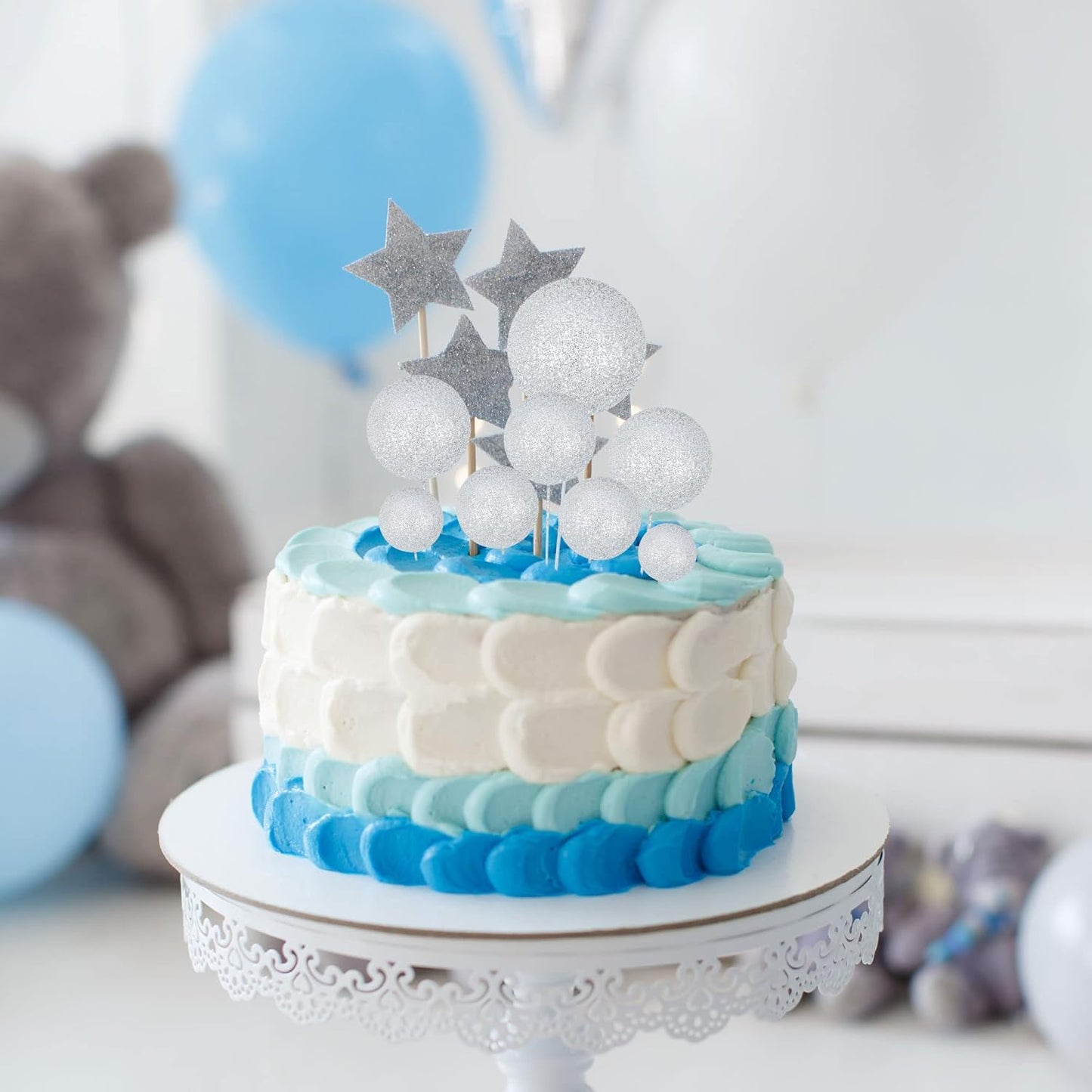 30Pcs Balls Cake Topper Glitter Foam Ball Cake Picks Mini Balloon Cupcake Insert Bubble Balls DIY Decoration for Baby Shower Wedding Anniversary Kids Birthday Graduation Party Cake Decorations Silver