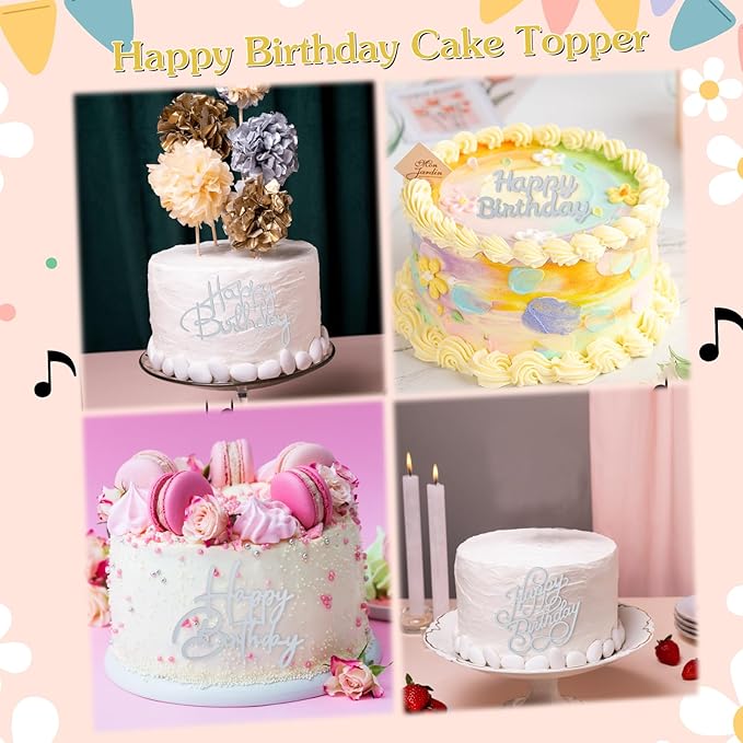 6 Silver Happy Birthday Cake Topper Set: Acrylic Cake Signs, Side Mirror Inserts & Cupcake Accents for Dessert Party Decor