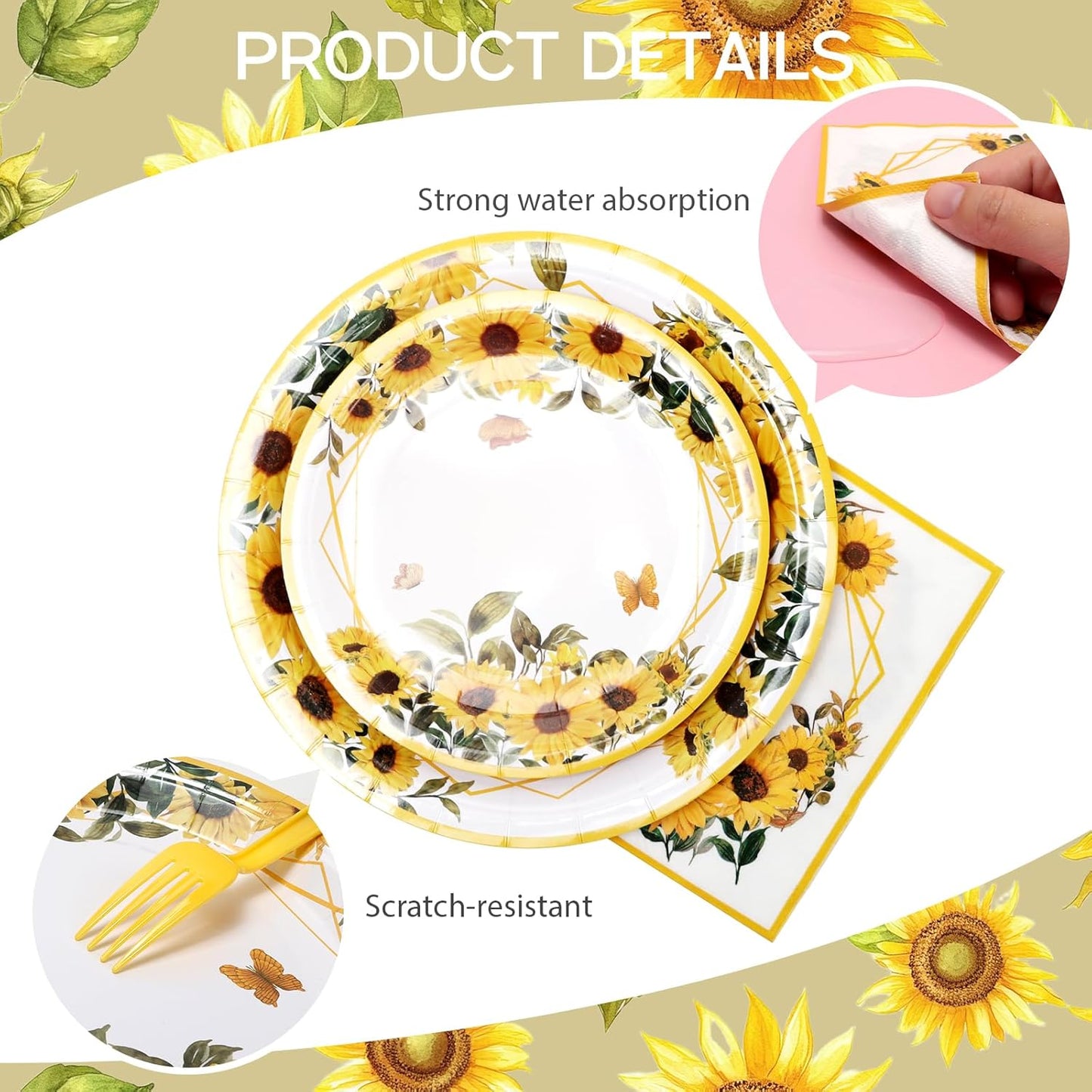 Sunflower Paper Plates and Napkins Cups Thanksgiving Disposable Tableware Set Floral Fall Party Plates for 100pcs 25 Guest Baby Shower Tea Kids Birthday Party Supplies Decoration