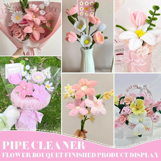 AHAMETON 620-Piece Pink Pipe Cleaner Complete Craft Kit - Enhanced Set with Flower Stems, Tape Rolls, Ribbon & Greeting Card for DIY Wedding Bouquets, Gift Projects