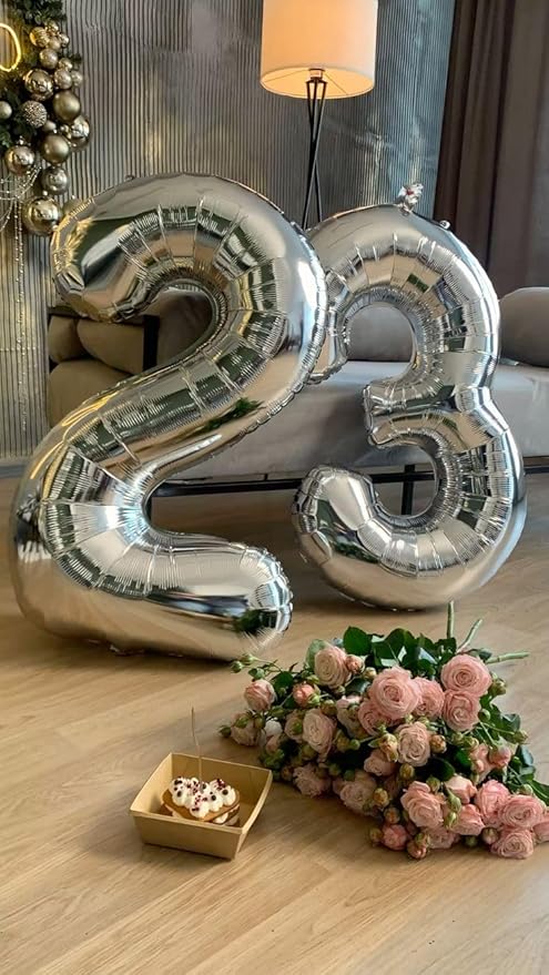 40 Inch Balloon 23 Number, Big Foil 23th Birthday Balloons Decorations for Women, Silver Number Balloon for 2 3 23 32 Wedding Memorial Day's Graduation Supplies