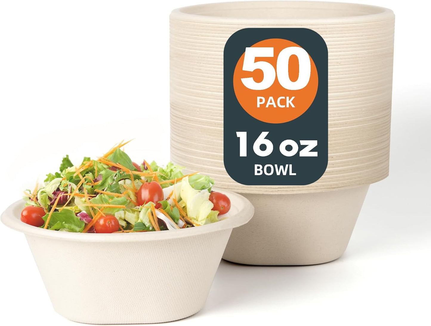 16 OZ [50 Pack] Heavy Duty Disposable Paper Bowls - Eco-friendly Natural Bagasse - Biodegradable Bowls for Cereal, French Fries,Rice