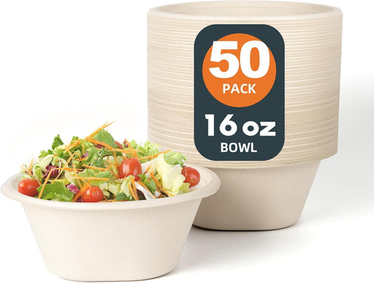 16 OZ [50 Pack] Heavy Duty Disposable Paper Bowls - Eco-friendly Natural Bagasse - Biodegradable Bowls for Cereal, French Fries,Rice