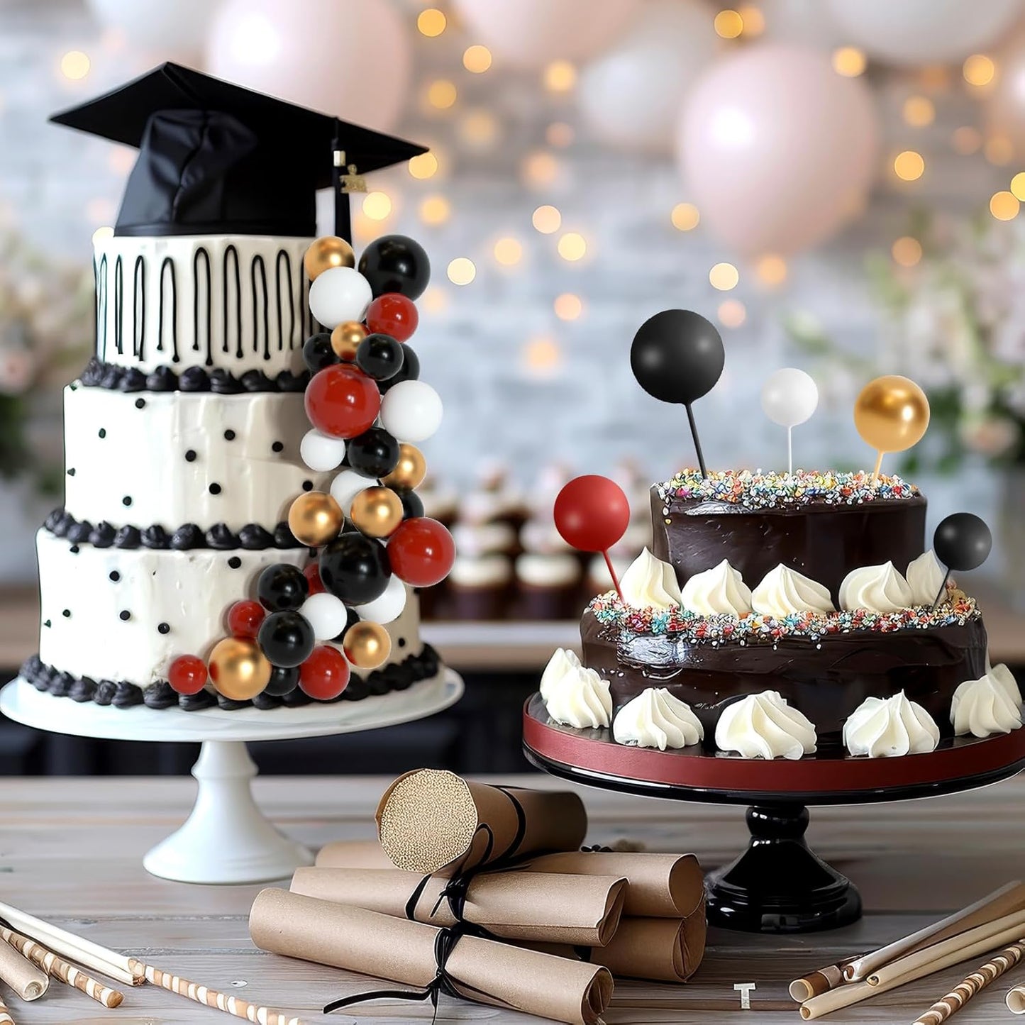 138 Pcs Balls Cake Topper Decorations Balloon Cupcake Toppers Foam Multisize Cake Topper Balls for Birthday Party Wedding Anniversary(Black,Red,White,Gold)