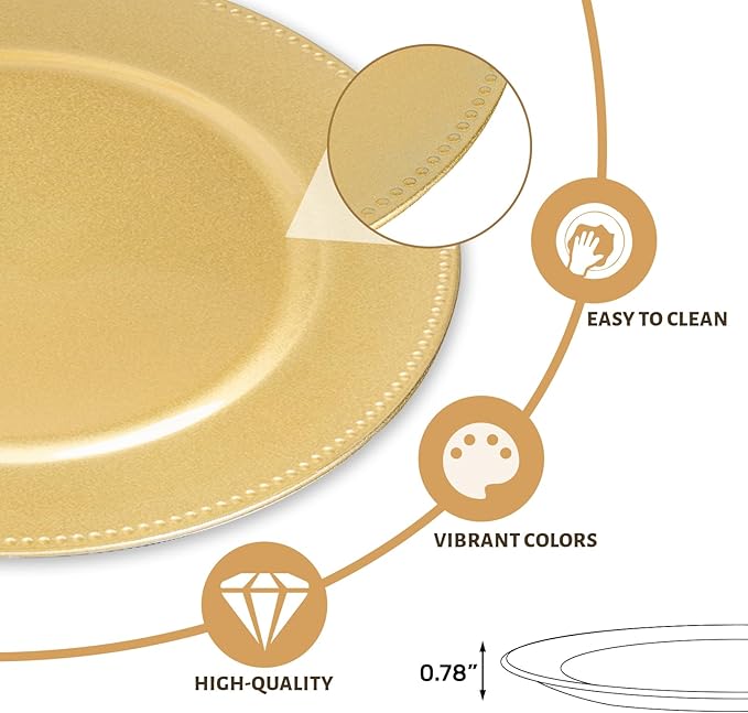 MAONAME 13" Gold Charger Plates Set of 12, Round Charger for Dinner Plates, Plate Chargers with Beaded Rim, Plastic Table Chargers for Wedding, Party