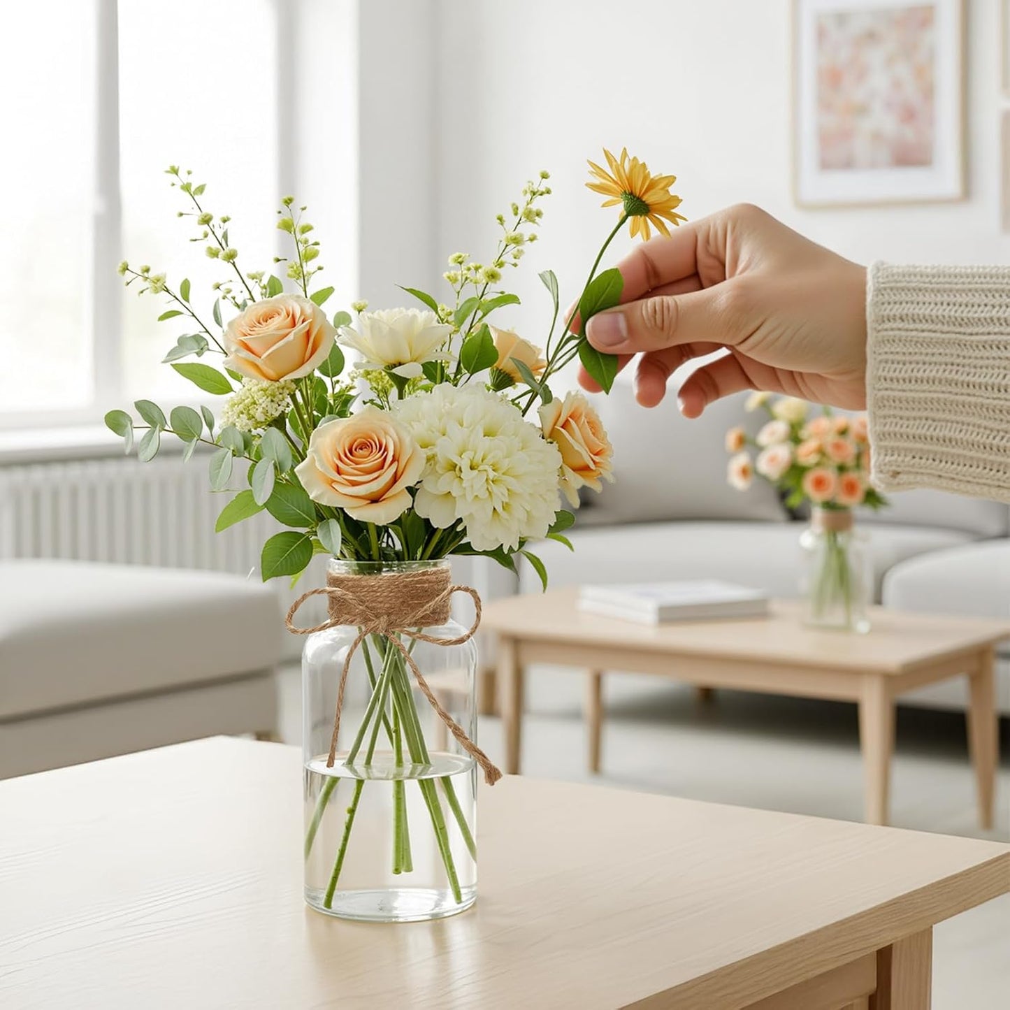Vintage Glass Flower Vase Set of 8 Clear Vases with Hemp Rope for Farmhouse Wedding Centerpiece Cylinder Bottle for Reception Table Decoration Home Decor Floral Arrangements（Medium）