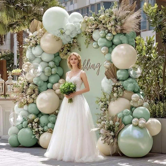 Dusty Green Balloon Arch Kit Double Stuffed,Pearl Light Sage Green White Sand Beige Balloon Garland with Clear Bobo for Bridal Birthday Wedding Baby Shower Graduation Party Decoration
