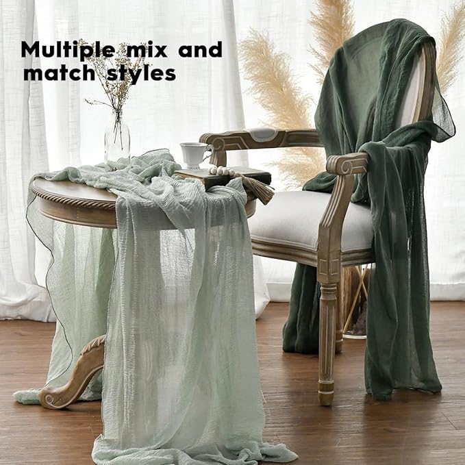 Artoid Mode Boho Sage Green Gauze 6 Pieces Wedding Table Runner, 120 Inch Seasonal Fabric Kitchen Dining Holiday Table Decor for Home Party Indoor