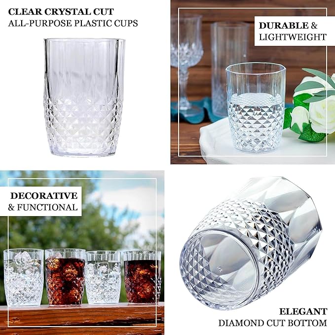 Efavormart 6-Pack Plastic Tumblers, 16oz Unbreakable Drinking Glasses Crystal Cut Style Clear - Shatterproof Short Cups