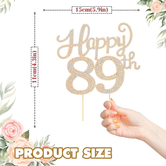 Happy 89th Birthday Decorations,89th Birthday Gold Rhinestone Cake Topper - Cheers to 89 Years Old Bday Party Metal Sparkly Cake Centerpieces Sign.