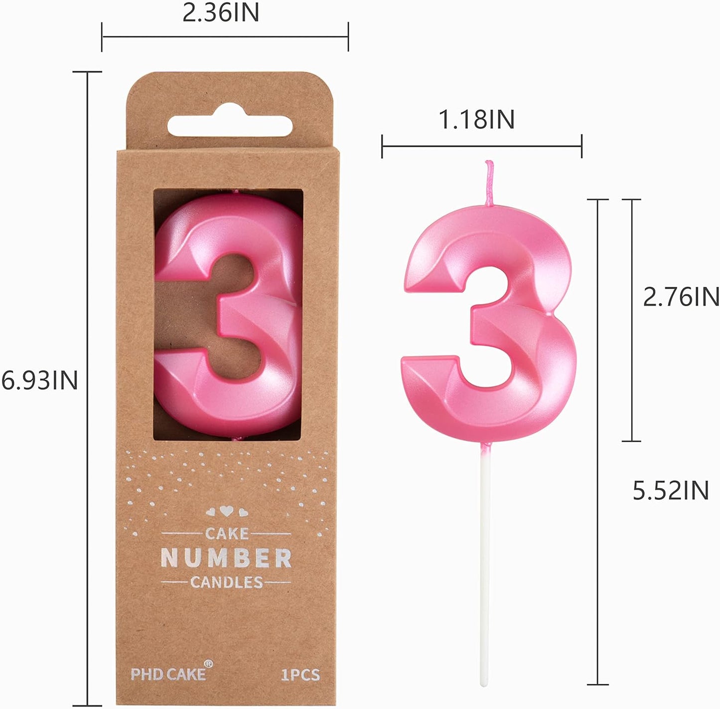 PHD CAKE 2.76 Inch Diamond Pink 3 Number Birthday Candles, Pink Number Candles, Cake Number Candles, Party Celebration