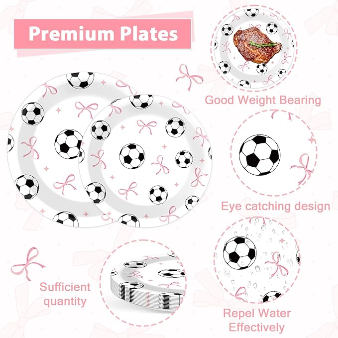 96PCS Soccer and Bow Party Paper Plates and Napkins for Sports Themed Party Dessert Cake Plates Disposable Decor Pink Bow Soccer Birthday Parties Set for Boys Girls Birthday Gatherings Decorations