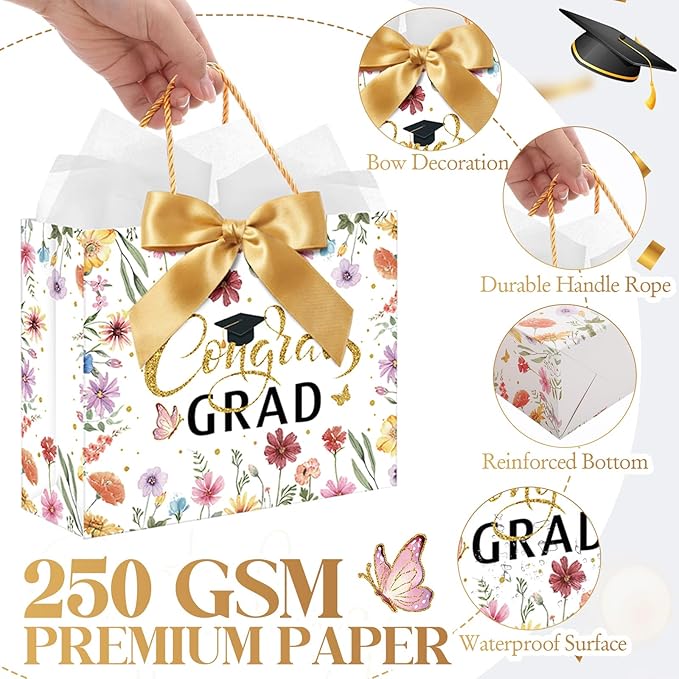 Maitys 12 Pack 13" Large 2026 Graduation Gift Bags Bulk with Handle, Tissue Papers, Cards, Ribbons Class of 2026 Congrats Grad Wildflower Paper Wrapping Bag for College Graduation Party Supplies