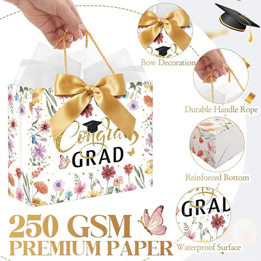 Maitys 12 Pack 13" Large 2026 Graduation Gift Bags Bulk with Handle, Tissue Papers, Cards, Ribbons Class of 2026 Congrats Grad Wildflower Paper Wrapping Bag for College Graduation Party Supplies