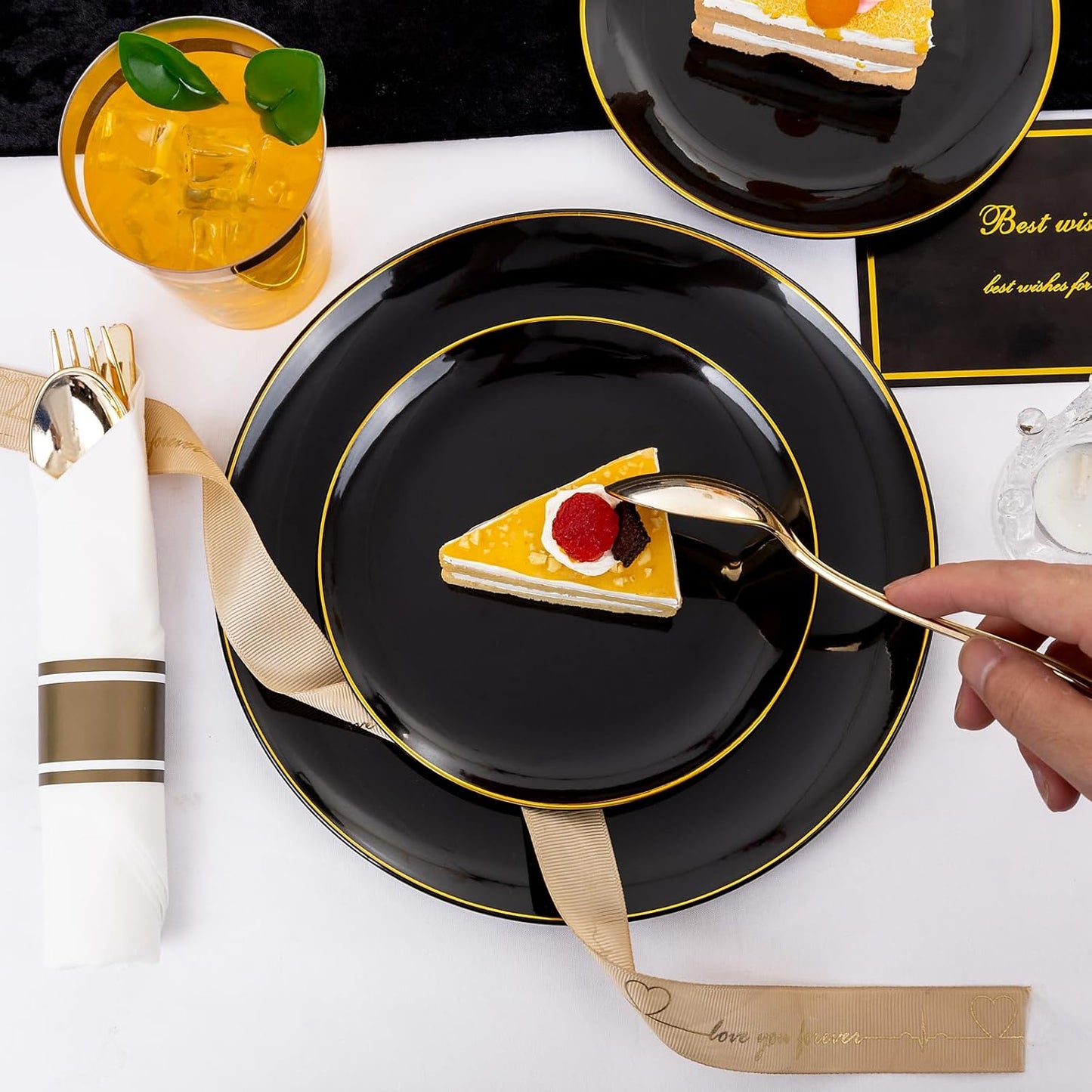 KIRE 350 PCS Plastic Dinnerware Set for 50 Guests - Black and Gold Plates 50 for Dinner 50 for Dessert & 50 Pre Rolled Napkins with Disposable Silverware 50 Cups for New Year/Banquet/Wedding