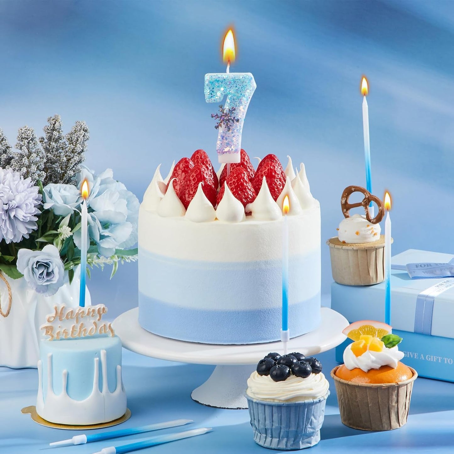 MTLEE Number 7 Birthday Candle Blue Snowflake with 6 Long Thin Cupcake Candles Blue Sparklers Glitter Number Happy Birthday Cake Topper Decorations for Winter Party Supplies