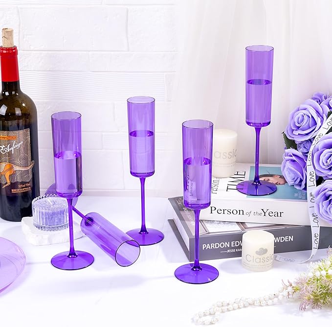 YOUBET 24 Pack Purple Plastic Champagne Flutes -6 Oz Clear Purple Champagne Glasses - Square Plastic Toasting Glasses for Birthday Anniversary Wedding & Party
