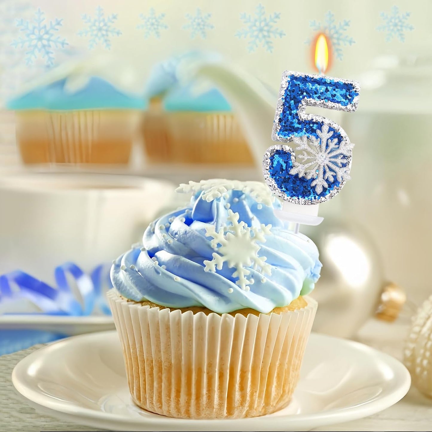 Frozen Themed Blue Birthday Candles, Snowflake Number 5 Candles for Kids Adults Birthday Party Supplies, 2.76 inch Glitter Cake Topper Decorations (Number 5)