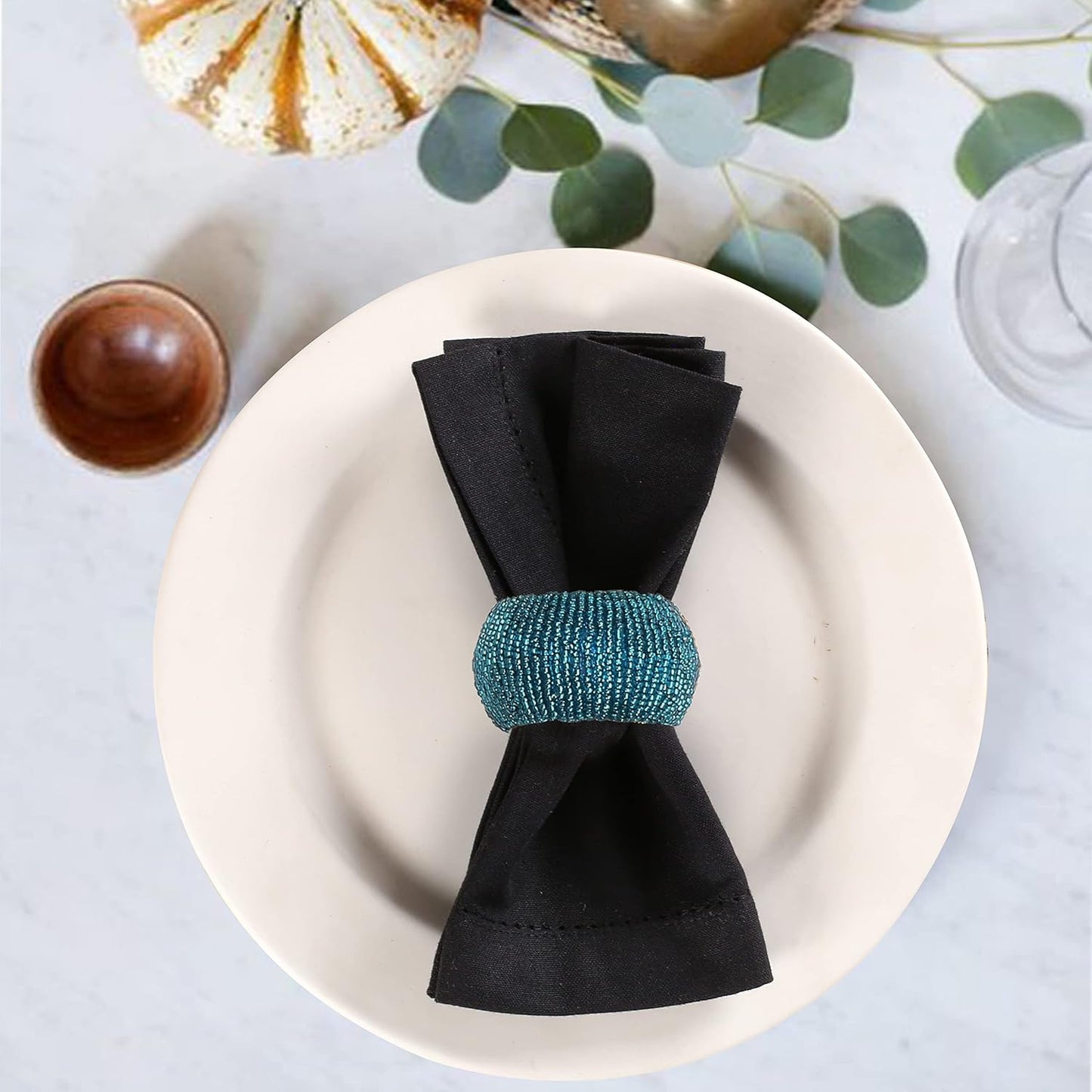 Goroly Home Beaded Napkin Rings Set of 4, Hand Made Round Beaded Napkin Rings for Christmas Thanksgiving Dinner Table Decor, Teal