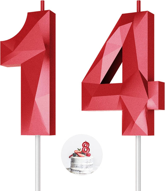 Number Birthday Candles(14 Candle Red) 3D Diamond Shape Number Happy Birthday Cake Candles for Birthday Party Wedding Decoration Reunions Theme Party