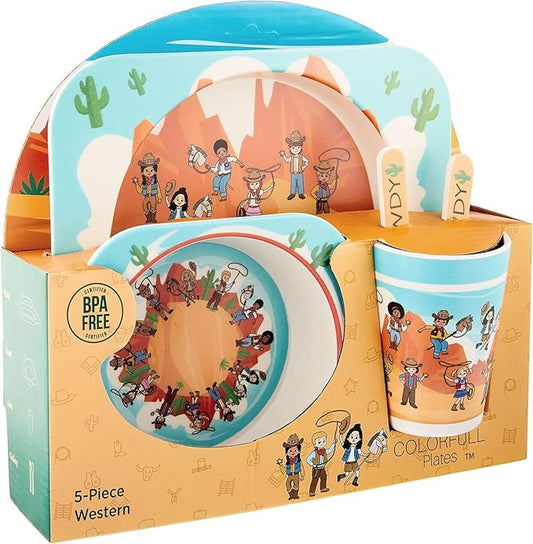 Western Cowboys Themed Kids Dinnerware - 5 Piece Set, Bamboo Fiber Plate, Bowl & Cup, Toddler Safe Utensils
